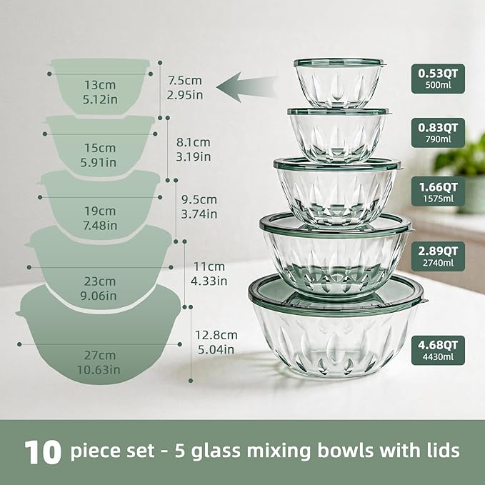 WhiteRhino Glass Bowls with Lids Set of 5（4.68QT,2.89QT,1.66QT,0.83QT,0.53QT）,Glass Mxing Bowls with Lids,Large Salad Bowls Space-Saving Nesting for Cooking,Baking,Prepping,Dishwasher Safe - Image 2