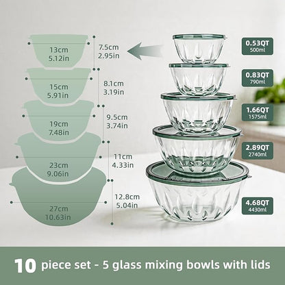 WhiteRhino Glass Bowls with Lids Set of 5（4.68QT,2.89QT,1.66QT,0.83QT,0.53QT）,Glass Mxing Bowls with Lids,Large Salad Bowls Space-Saving Nesting for Cooking,Baking,Prepping,Dishwasher Safe - Image 2