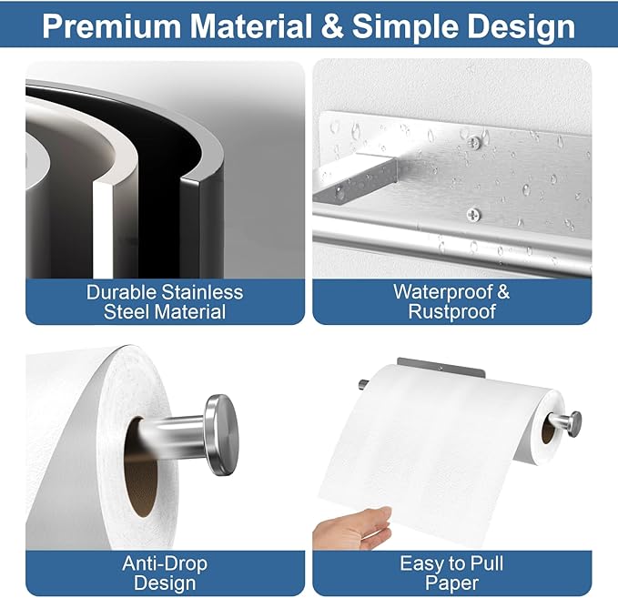 CUXIXA Paper Towel Holder Under Cabinet 2 Pack, Upgraded Adhesive Paper Towel Holder Wall Mount for Kitchen, Bathroom, RV, Bend-Resistant, Self-Adhesive or Drill mounting, Stainless Steel, Silver - Image 4