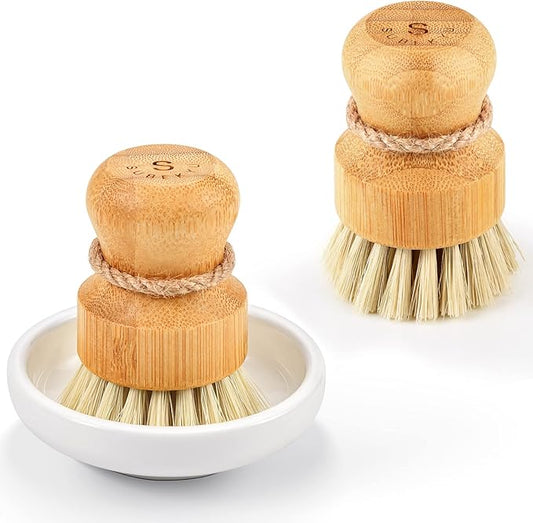 SUBEKYU Bamboo Dish Scrub Brushes, Kitchen Wooden Cleaning Scrubbers Set for Washing Cast Iron Pan/Pot, Natural Sisal Bristles, Set of 2 by SUBEKYU