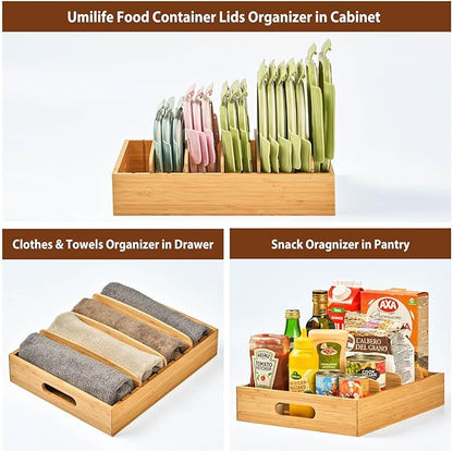 Umilife Kitchen Cabinet Organizer for Food Storage Container Lids, with Adjustable Dividers, Bamboo Drawer Caddy, Box for Kitchen Storage And Organization - Image 6