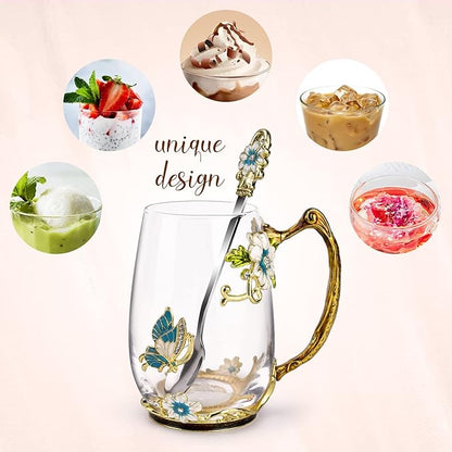 OEAGO Birthday Gifts for Women Mom Glass Coffee Enamels Mug Best Mothers Day Butterfly Gifts for Her from Daughter Son Lead-Free Christmas Tea Cup with Spoon Sets - Image 6