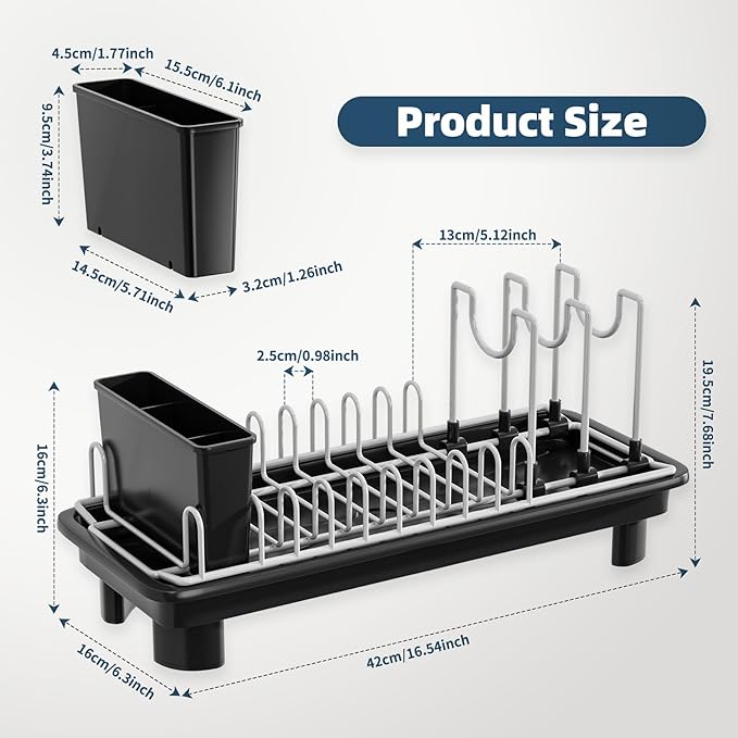 SanDream Small Dish Drying Rack with Removable Utensil Holder & Anti-Scratch Base - Stainless Steel Dish Rack, Dish Drying Rack with Drainage & Space Saving Design for Kitchen Counter, Black - Image 7
