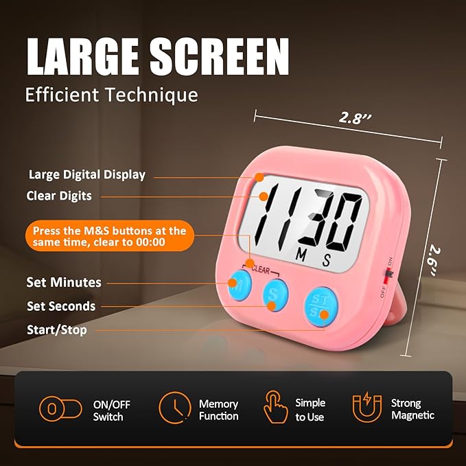 2 Pack Kitchen Timers Loud Ring Digital Timers for Cooking Magnetic Pink - Image 3