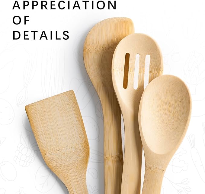 Wooden Spoons for Cooking, 4PCS Wooden Utensil Set Includes Slotted Spoon, Wooden Spoon & Wooden Spatula, Bamboo Cooking Utensils for Non-Stick Pans, Natural Bamboo Utensils - Image 4