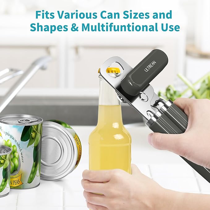 Ultrean Manual Can Opener Bottle Opener, Heavy Duty Stainless Steel Smooth Edge Manual Hand Held Can Opener With Soft Touch Handle, Rust Proof Oversized Handheld Easy Turn Knob (Gray) - Image 6