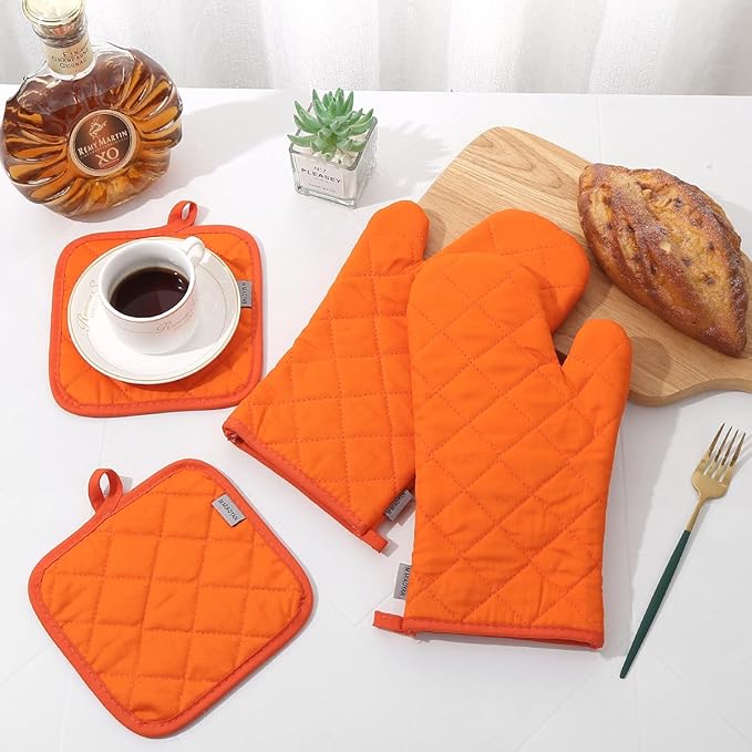Oven Mitts and Pot Holders 4 pcs Set,High Heat Resistant 500 Degree Extra Thicken Long Kitchen Cotton Oven Glove for Cooking (12 Inch,Orange)… - Image 4