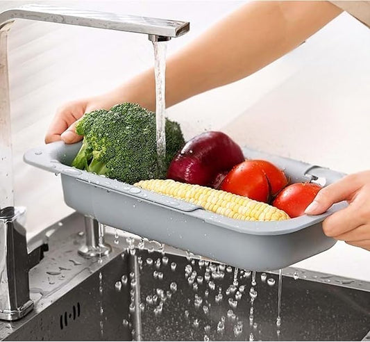 Expandable Over Sink Strainer for Kitchen Sink, Adjustable Sink Colander Basket, Kitchen Sink Strainer for Washing Fruits, Vegetables, Dishes & Utensils, Space Saving Drain Basket, Gray