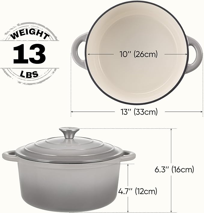6 Quart Dutch Oven Pot with Lid, Non Stick Enameled Cast Iron Dutch Oven for Bread Baking, Heavy-Duty, Oven Safe Ceramic Cookware Up to 500°F for Baking, Braising, Stews, Roasting, Gray - Image 3