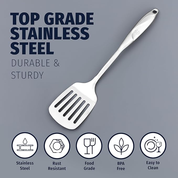 Zulay Kitchen Stainless Steel Slotted Turner - 14.8” Heat-Resistant Metal Spatula for Cooking, Frying & Grilling - Durable, Rust-Proof & Dishwasher Safe Kitchen Utensil for Everyday Use - Image 5