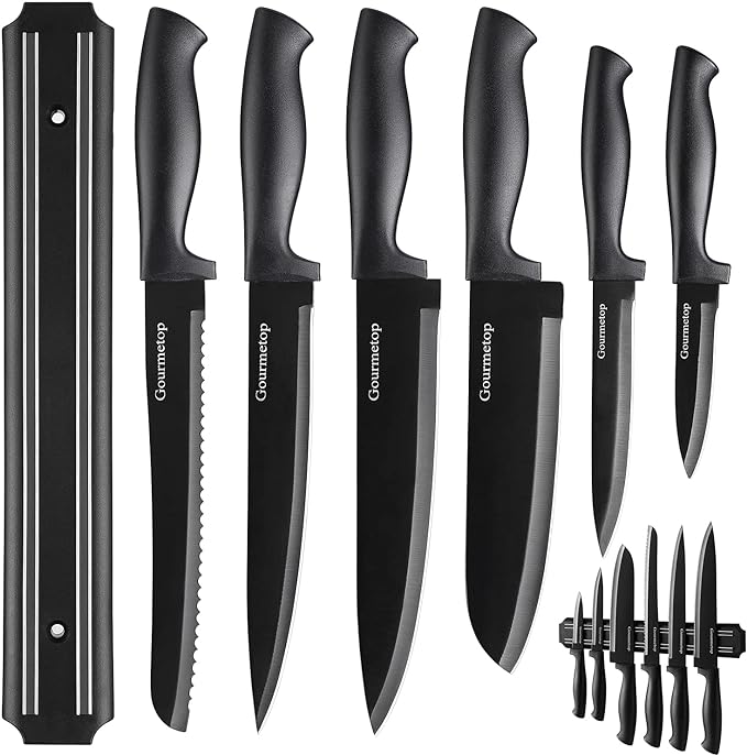 Gourmetop Kitchen Knife Set with No Drilling Magnetic Strip for Kitchen Black Titanium Small Cooking Knives, Sharp Stainless Steel Chef Knife Set for Cutting Meat & Vegetable by Gourmetop