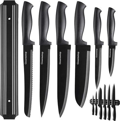 Gourmetop Kitchen Knife Set with No Drilling Magnetic Strip for Kitchen Black Titanium Small Cooking Knives, Sharp Stainless Steel Chef Knife Set for Cutting Meat & Vegetable by Gourmetop