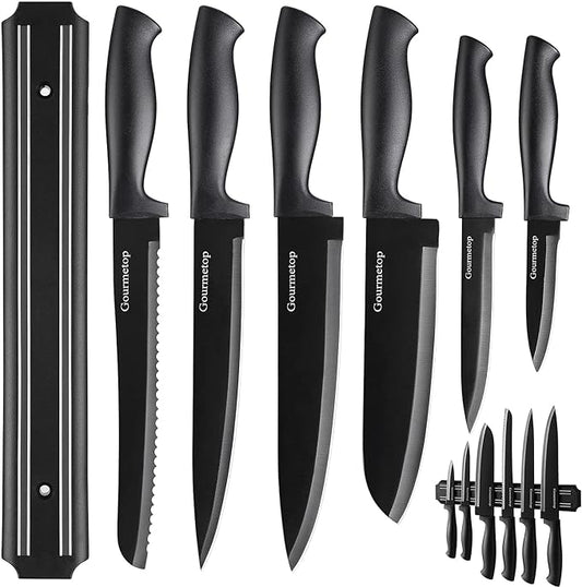 Gourmetop Kitchen Knife Set with No Drilling Magnetic Strip for Kitchen Black Titanium Small Cooking Knives, Sharp Stainless Steel Chef Knife Set for Cutting Meat & Vegetable by Gourmetop