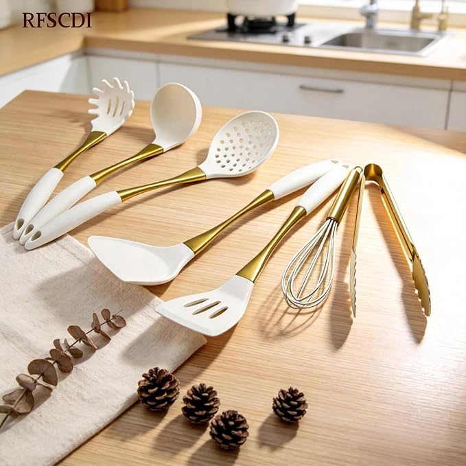 Elegant White Gold Silicone Cooking Utensils Set - Non-Toxic, Dishwasher Safe Kitchen Utensils Set with Heat Resistant Comfort Handles - Includes Spatula & Spoon for Nonstick Cookware - Image 2