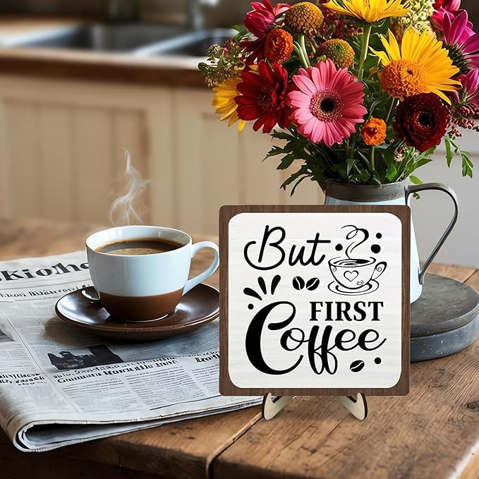 Coffee Bar Sign Plaque, Coffee Bar Accessories,Rustic Farmhouse Cafe Sign for Kitchen Office,Wooden Tabletop Plaque with Stand,Cute Mini Café Bar Decor Gift 5.9x5.9inch - Image 6