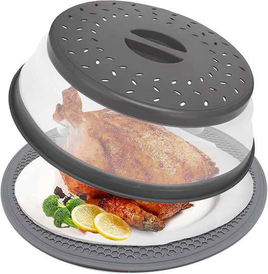 12“ Large Microwave Splatter Cover & Silicone Mat,12 Inchs Vented Collapsible Guard dish Plate lid & Round Kitchen mat for food