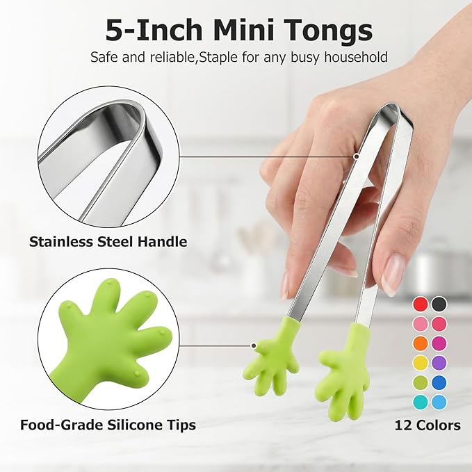 Shindel 12PCS Mini Tongs, 5.1 Inch Silicone Small Tongs for Kids, Funny Kitchen Serving Gadgets for Candy, Appetizers, Ice Cube, Fruits, Dessert, Great for Fine Motor, Sensory Coordination - Image 2