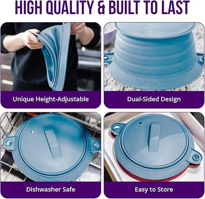 L.I.Q Silicone Splatter Guard – Fits 10 and 12 Inch Pots (25 and 30 Centimeters) – Microwave Safe and Durable SplatterDom - Includes 10” Lid - Food and Oil Splash Guard (Blue Steel, Large)