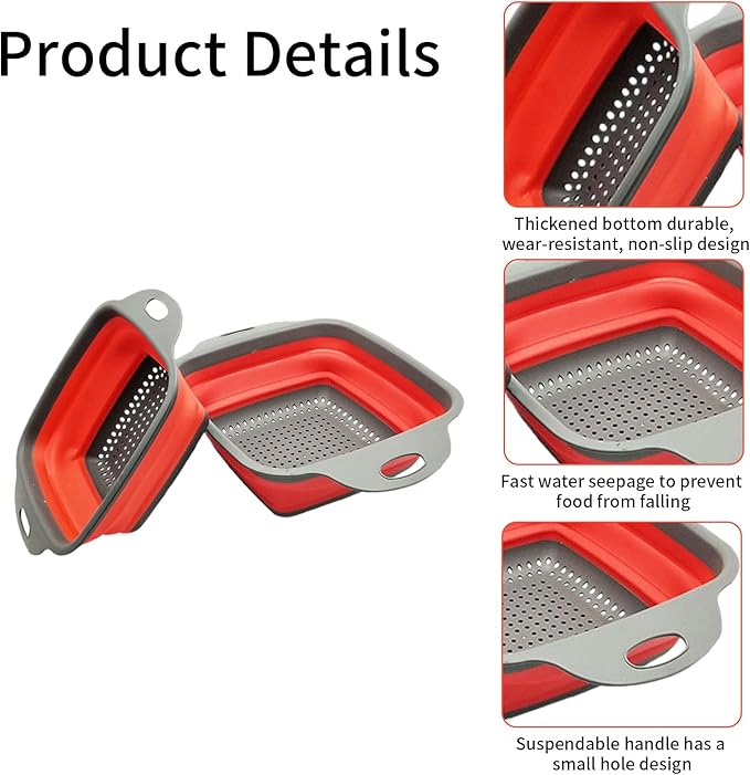 2 PCS Collapsible Colander, Collapsible Strainers for Kitchen, 11.5 inch Silicone Strainer and 9.5 inch Silicone Colander for Draining Vegetable fruit, Kitchen Food Strainer, Blue (Red) - Image 6