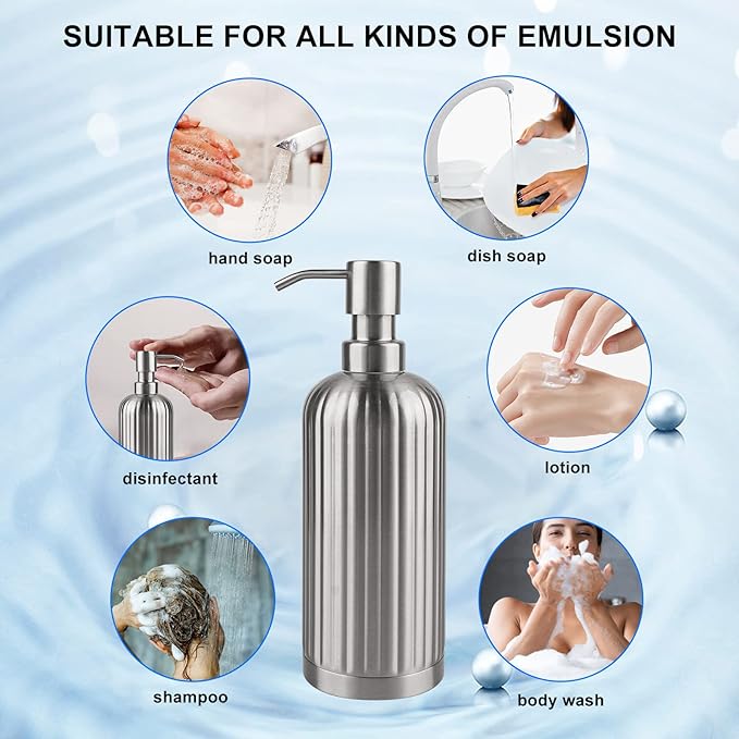 AUMIO Soap Dispenser 18 Oz with Non-Slip Coaster, Stripe Design Dish Soap Dispenser Brushed Nickel, Refillable Liquid Hand Soap Dispenser for Bathroom, Kitchen Soap Dispenser Premium Stainless Steel - Image 4