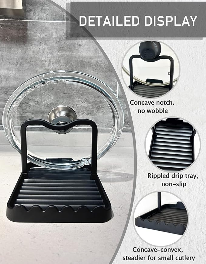 Anti-Rust Metal Spoon Rest with Lid Holder, Heat-Resistant Pot Lid Rest, Multifunctional Spatula Holder While Cooking for Stovetop and Kitchen Counter – Black - Image 4