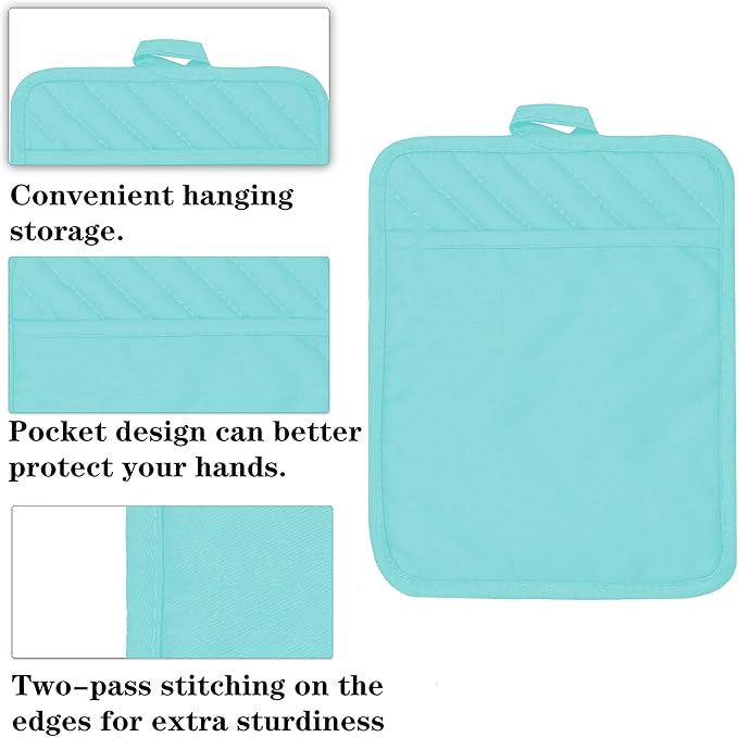 Oven Pot Holder with Pocket Cotton Heat Resistant Coaster Potholder Kitchen Hot Pad Oven Mitts for Cooking Square 7"x9"Set of 5 (Aqua) - Image 3