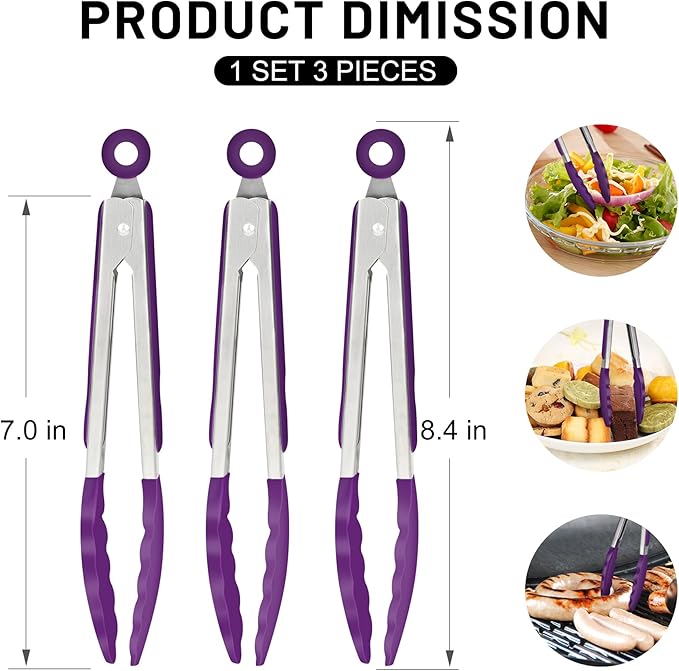 Hotec Mini Silicone Kitchen Tongs for Cooking - 7-Inch Small Serving Tongs with Silicone Tips, Set of 3 (Purple) - Image 3