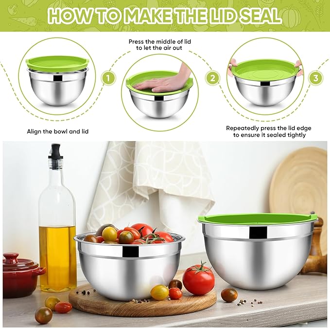 TeamFar Mixing Bowls, 4.5/3/1.5/1/0.7 QT, Stainless Steel Metal Nesting Salad Bowl with Lid Set of 5, Ideal for Prepping Serving, Healthy & Sturdy, Airtight Lid & Easy Clean, Multi-Color - Image 6