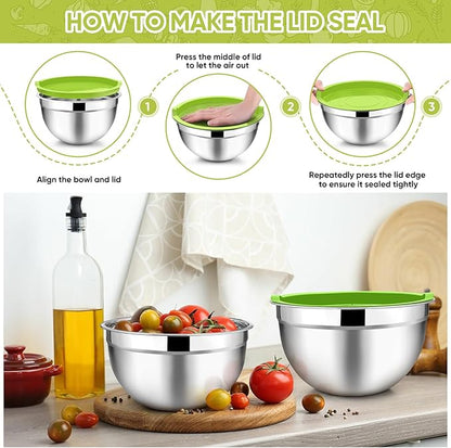 TeamFar Mixing Bowls, 4.5/3/1.5/1/0.7 QT, Stainless Steel Metal Nesting Salad Bowl with Lid Set of 5, Ideal for Prepping Serving, Healthy & Sturdy, Airtight Lid & Easy Clean, Multi-Color - Image 6