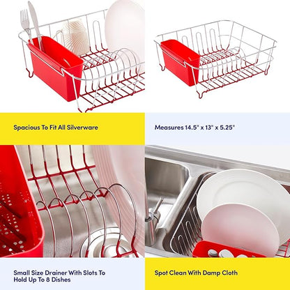 Sweet Home Collection Metal 2 Piece Dish Drying Rack Set Drainer with Utensil Holder Simple Easy to Use Fits in Most Sinks, 14.5" x 13" x 5.25", Red - Image 6
