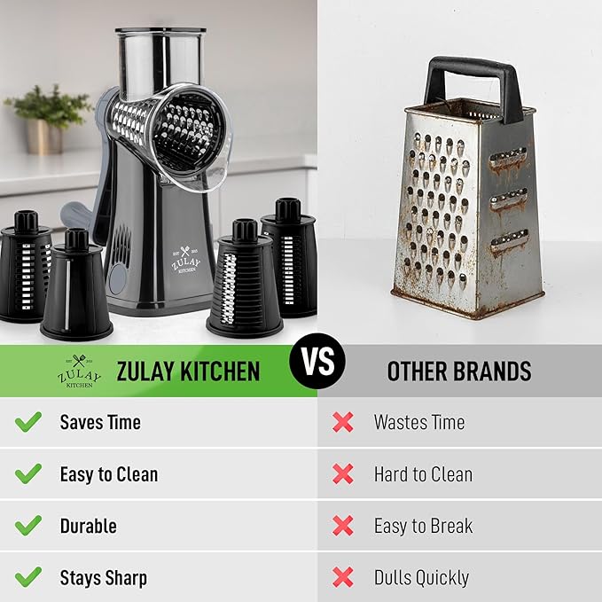 Zulay Kitchen Rotary Cheese Grater 5 Blade Cheese Shredder - Manual Hand Crank Cheese Grater With Reinforced Suction & 5 Interchangeable Drums - Easy to Use, Vegetable Chopper Round Mandoline Slicer - Image 2