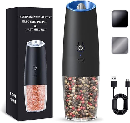 UNNEES Rechargeable Electric Salt and Pepper Grinder, gravity electric salt and pepper grinder, Adjustable Roughness, LED Light, 1 Pack, (Black) by UNNEES