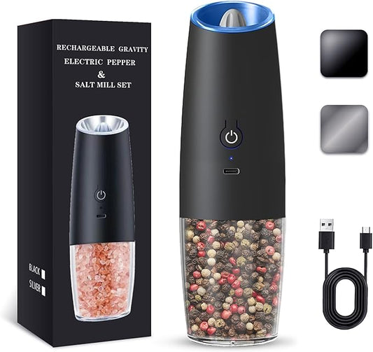 UNNEES Rechargeable Electric Salt and Pepper Grinder, gravity electric salt and pepper grinder, Adjustable Roughness, LED Light, 1 Pack, (Black) by UNNEES