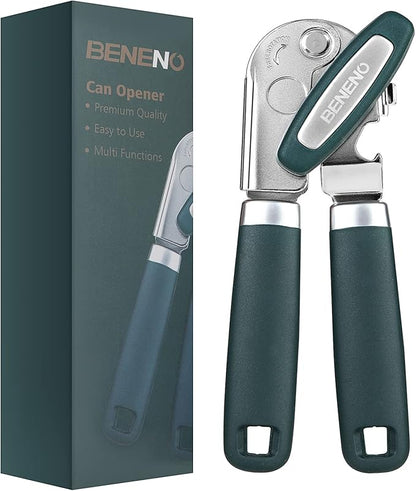 Beneno Heavy Duty Hand Can Opener Manual with Magnet, Durable Sharp Carbon Steel Blade Smooth Cutting, Big Effort-Saving Knob & Soft Grip Handle, Multifunctional Kitchen Tool with Bottle Opener, Green by Beneno