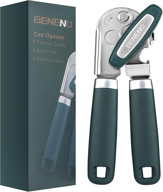Beneno Heavy Duty Hand Can Opener Manual with Magnet, Durable Sharp Carbon Steel Blade Smooth Cutting, Big Effort-Saving Knob & Soft Grip Handle, Multifunctional Kitchen Tool with Bottle Opener, Green by Beneno