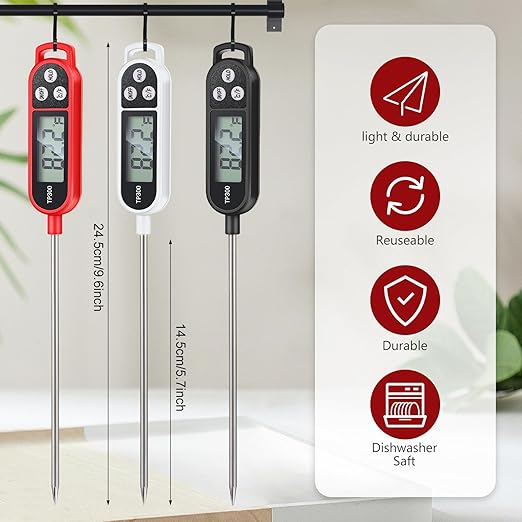 Copkim 6 Pcs Instant Read Meat Thermometer with Long Probe 9.65 Inch Kitchen Cooking Food Candy Waterproof Digital Thermometer for BBQ Water Milk Yogurt Liquid (Round&Square Ring,Black,White,Red) - Image 2