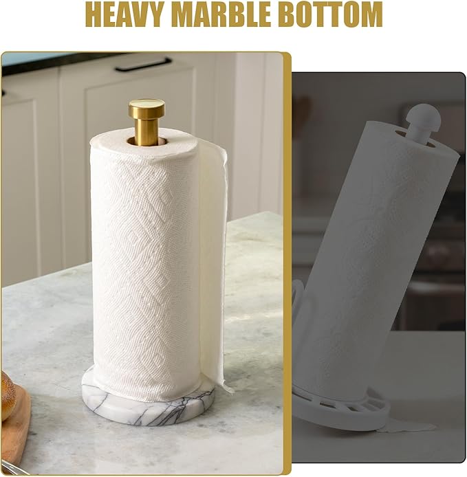 Koville Paper Towel Holder Countertop, Standing Paper Roll Holder with 6" Weighted Marble Base, Stone Paper Towel Holder with Gold Stainless Steel Rod for Kitchen Bathroom (Milas Lilac)