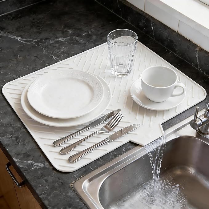 Silicone Dish Drying Mat 23x17,Food-Grade Silicone,Easy Clean Pad for Countertop Protection,Heat Resistant,Easy Clean,Non-Slip Drain Pad with Built-in Drain,Multi-Functional Use,White by SCYFREID