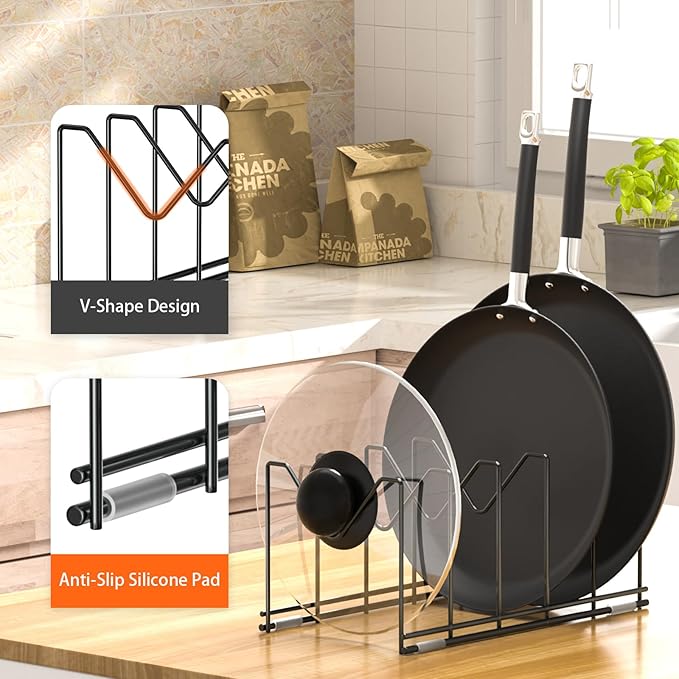 HzTinT 3 Pack Pot Lid Organizer for Cabinet, Stainless Steel Pot Lid Rack with Anti-slip Pad, Lid Holder for Pans Pots, Bakeware, Plates, Cookie Sheets, Trays, Dish, Cutting Boards, Classic Black - Image 2