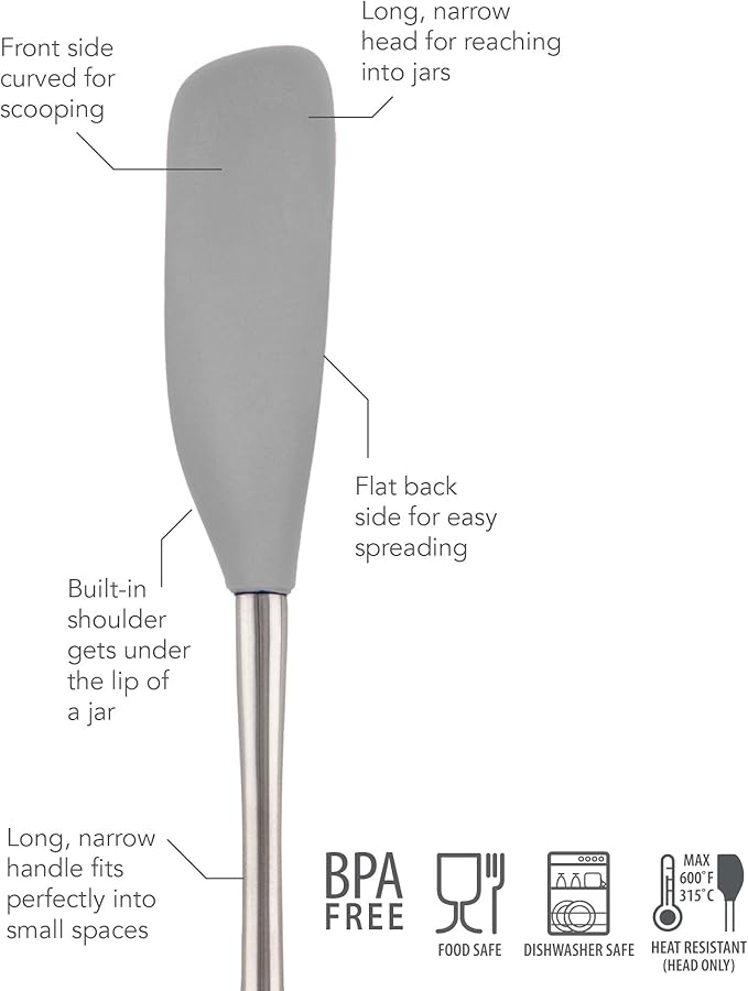 Tovolo Jar Spatula Silicone Long Stainless Steel Handle Scraper Spatula Oyster Gray, Jar Scraper Heat Resistant Dishwasher Safe BPA Free Kitchen Utensil for Scraping Spreading Jelly Peanut Butter