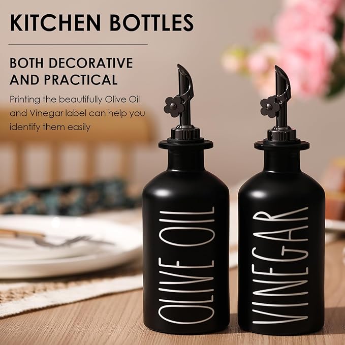 HOMCDALY Premium Olive Oil Dispenser for Kitchen, 11.8oz Glass Oil Bottles with Bamboo Tray, Black Oil&Vinegar Cruet Set, Kitchen Dispenser Bottles with Pourer | Set of 2 (11.8oz –P–Black) - Image 5