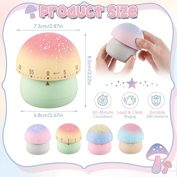 Amylove 4 Pieces Cute Kitchen Timer Animal Mechanical Manual 60 Minutes Loud Alarm Egg Windup Timer for Adults(Mushroom)