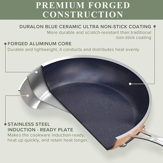 Nuwave Healthy Duralon Blue Ceramic Nonstick Cookware Set, Diamond Infused Scratch-Resistant, PFAS Free, Dishwasher & Oven Safe, Induction Ready & Evenly Heats, Tempered Glass Lids & Stay-Cool Handles - Image 2