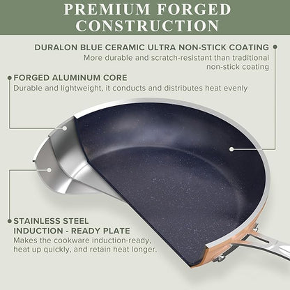 Nuwave Healthy Duralon Blue Ceramic Nonstick Cookware Set, Diamond Infused Scratch-Resistant, PFAS Free, Dishwasher & Oven Safe, Induction Ready & Evenly Heats, Tempered Glass Lids & Stay-Cool Handles - Image 2