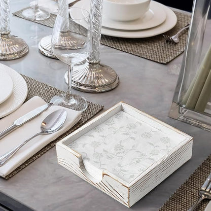 Napkin Holder for Table, White Washed Wood Napkins Holders For Paper Napkins, Flat Napkin Holder for Luncheon, Napkin Holders for Kitchen Dinner Decor, Napkin Dispenser for Indoor & Outdoor Use