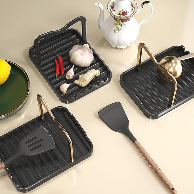 Stainless Steel Pot Lid Holder-Kitchen Organizer & Utensil Storage Rack with Detachable Drain Tray, Non-Slip Anti-Rust Countertop Space Saver for Spoons, Spatulas,Ladles,Tongs (Black Gold) - Image 8
