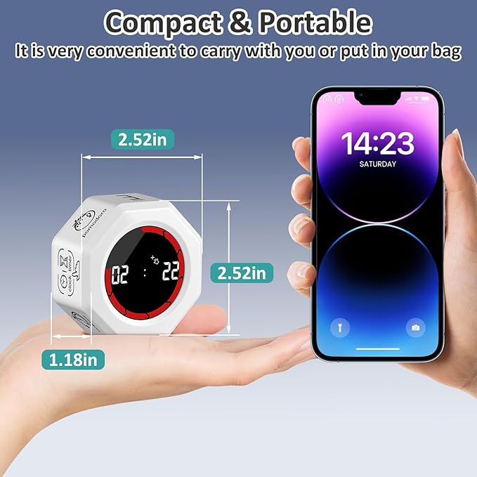 Rechargeable Pomodoro Timer, Magnetic Kitchen Timer for Cooking, 8-Angle Auto-Rotating Screen with Gravity Sensor, 3/5/10/25/30/60min & Custom Countdown for ADHD, Office, Study, Kitchen & Kids