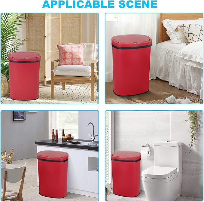 Bigacc 13 Gallon 50L Touch Free Automatic Stainless Steel Trash Can Garbage Can Metal Trash Bin with Lid for Kitchen Living Room Office Bathroom, Electronic Motion Sensor Automatic Trash Can - Red - Image 8