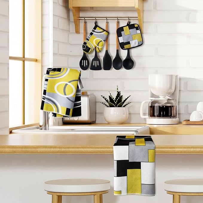 Jingmore 6 Pcs Kitchen Decor Set Accessory Farmhouse Kitchen Towels Pot Holders Oven Mitts Set 2 Dish Towels 2 Pot Holders 2 Cooking Mittens Oven Glove for Cooking(Black, Yellow, Gray,Geometric) - Image 3