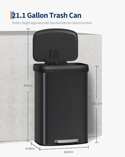 Garvee 21 gal / 80 L Metal Trash Can with Lid, Large Garbage Can for Kitchen, Rustproof Step-on Kitchen Metal Trash Bin with Liner Rim, Rear Handle, Soft Close Plastic Lid, Black - Image 6
